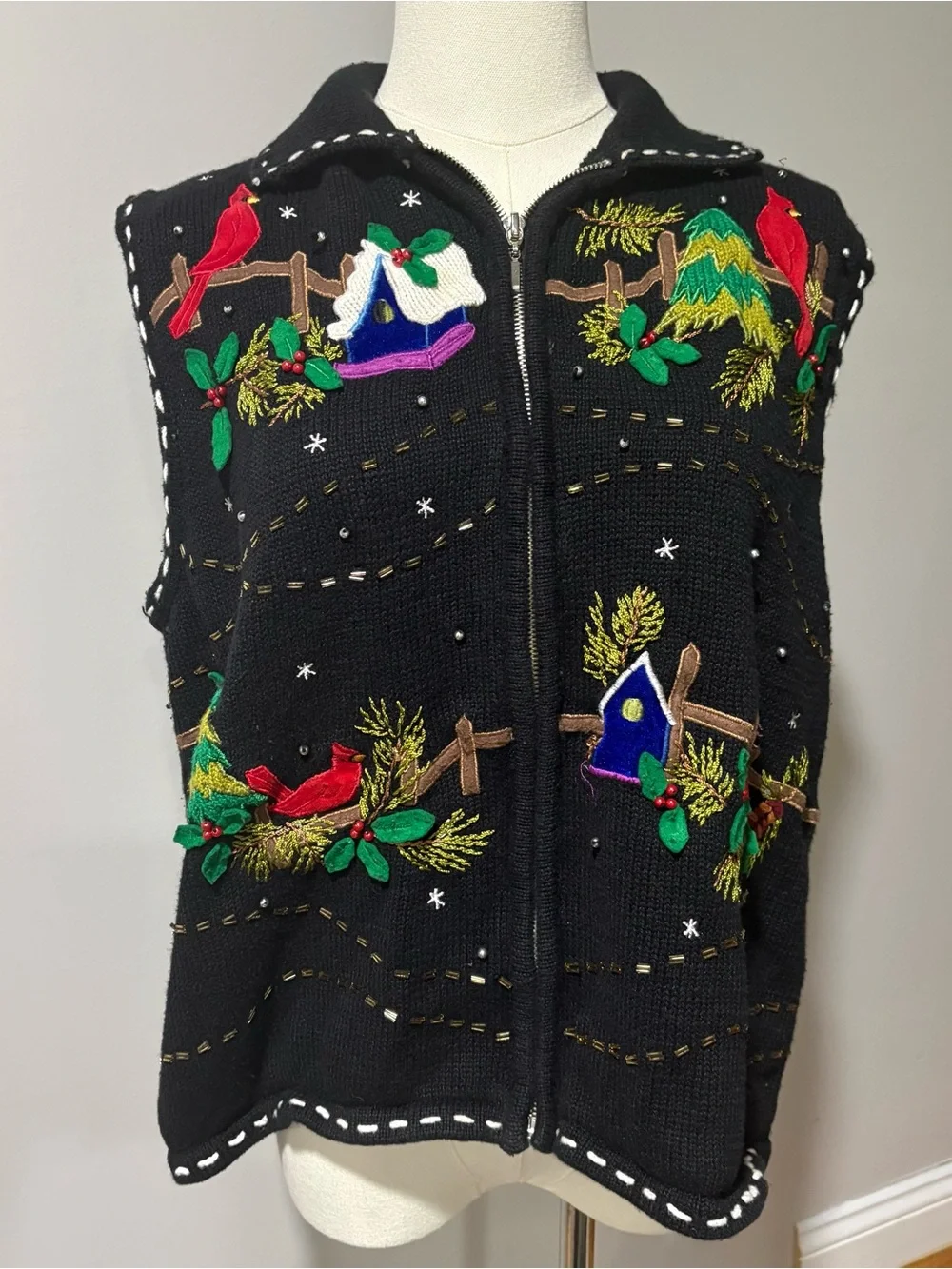 VTG Ugly Christmas Sweater Vest Tree Zip Cardinals Black Beaded Holiday Sz XL